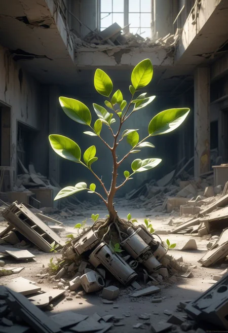 post-apocalyptic wasteland, nuclear fallout, the most beautiful and perfect small sprig plant with green leaves growing from dust and rubble, delicate and vulnerable, representing hope and a new beginning, vibrant colors, dramatic light, extremely detailed,