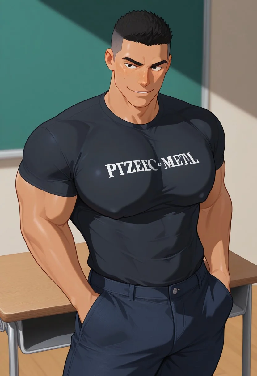 masterpiece, best quality, newest, absurdres, highres, male, bara color background,  masterpiece, best quality, absurdres, newest, perfect quality, best quality, intricate details, bara, muscular male, wearing black jeans with rips in them, black rock metal shirt, tight black rock metal shirt, big pecs, big moobs, freckles on face, hands in pocket, school emvirment, leaning against school desk, classroom, wooden desk, leaning against wooden desk, buzzcut, smirking, confident look on face, slightly tanned skin, wearing snapbacks, solo,