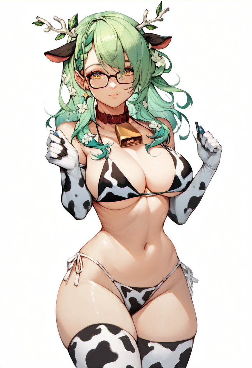 <lora:Ceres_Fauna_for_PonyXL:1>, ceres fauna, cowkini_fauna, looking at viewer, long hair, braid, hair ornament, cleavage, large breasts, simple background, white background, navel, thighhighs, animal ears, cowbell, cow ears, gloves, elbow gloves, glasses, score_9, score_8_up, score_7_up, score_6_up, score_5_up, score_4_up