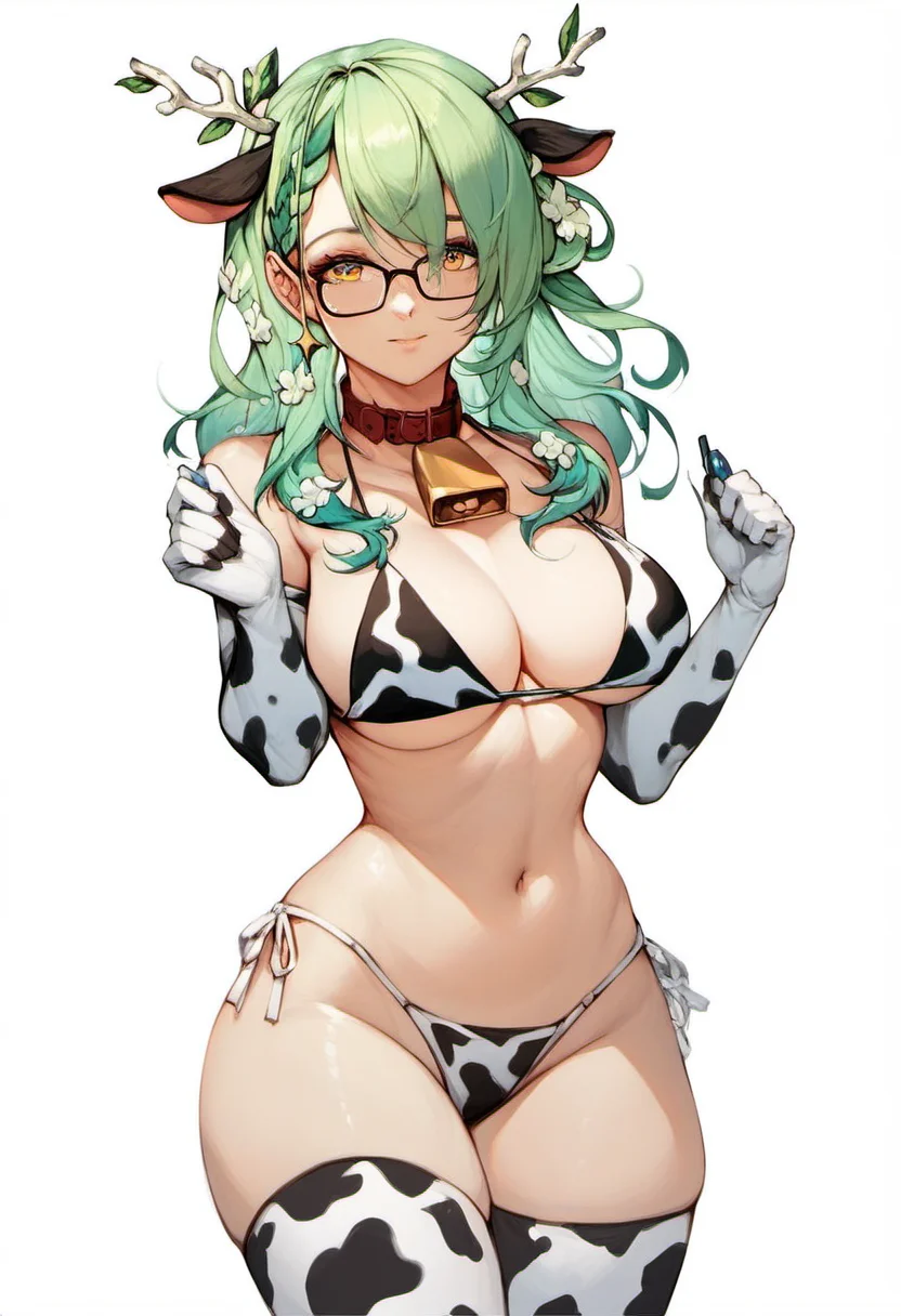 <lora:Ceres_Fauna_for_PonyXL:1>, ceres fauna, cowkini_fauna, looking at viewer, long hair, braid, hair ornament, cleavage, large breasts, simple background, white background, navel, thighhighs, animal ears, cowbell, cow ears, gloves, elbow gloves, glasses, score_9, score_8_up, score_7_up, score_6_up, score_5_up, score_4_up