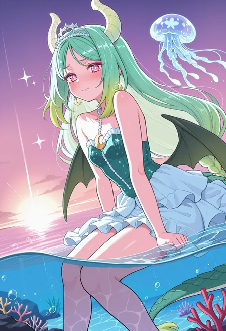 masterpiece, best quality, high quality, intricate, absurdres, very aesthetic, 
1girl, kajitsumomose, green hair, long hair, pink eyes, bright pupils, small breasts,
dragon girl, green dragon, dragon horns, green dragon tail, aqua hairtips, gradient hair, multicolored hair, shy, wings, dark green wings, low wings,
frilly elegant dress, crescent brooch, crescent earrings, crescent accessories, tiara, diadem, 
glossy lips, full eyelashes, blush, cute makeup,
(sparkles, sparkling clothes), sparking water,
ocean, horizon, sunset, backlighting, (partially underwater shot, partially submerged:1.1), bubbles, exotic fishes, jellyfish, coral,
feet out of frame,
highly detailed, intricate, sharp detail, majestic, shallow depth of field, caustics, caustic lighting, colorful