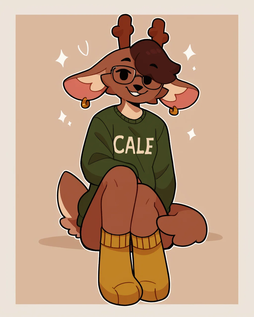 score_9_up, score_8_up, score_7_up, score_6_up, small breasts, furry, female, furry female, brown hair, dot eyes,  jackalope, antlers, green topwear, green sweater, short hair, female, tail, glasses, spats, looking at viewer, solo, earring, happy, smile, socks, three-quarter view, head tilt, simple background, white outline, <lora:Leah_Pines(AIM)_XL_v1:0.15> <lora:PDXL_artist_tags_v2_big:0.5> <lora:The-Minuscule-Task_PDXL_v1.0:0.6>  <lora:Bun_bunhearts:0.6>
