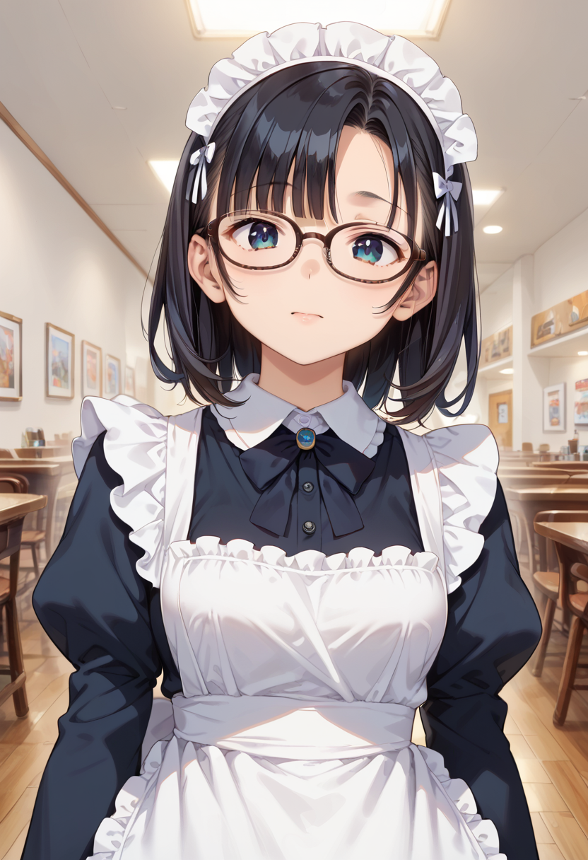 score_9, score_8_up, score_7_up, rating_safe, masterpiece, best quality, absurdres, unity 8k wallpaper, official art, official style, source_anime, uncensored, game cg, megami magazine,
1girl, solo, black hair, medium hair, upper body, covered eyes,maid, maid headdress, black dress, maid apron, face focus,
oval_cell, glasses, still life, white background, simple background, brown-framed eyewear,
 <lora:glasses_OvalCell1_PONY_V1:1>
