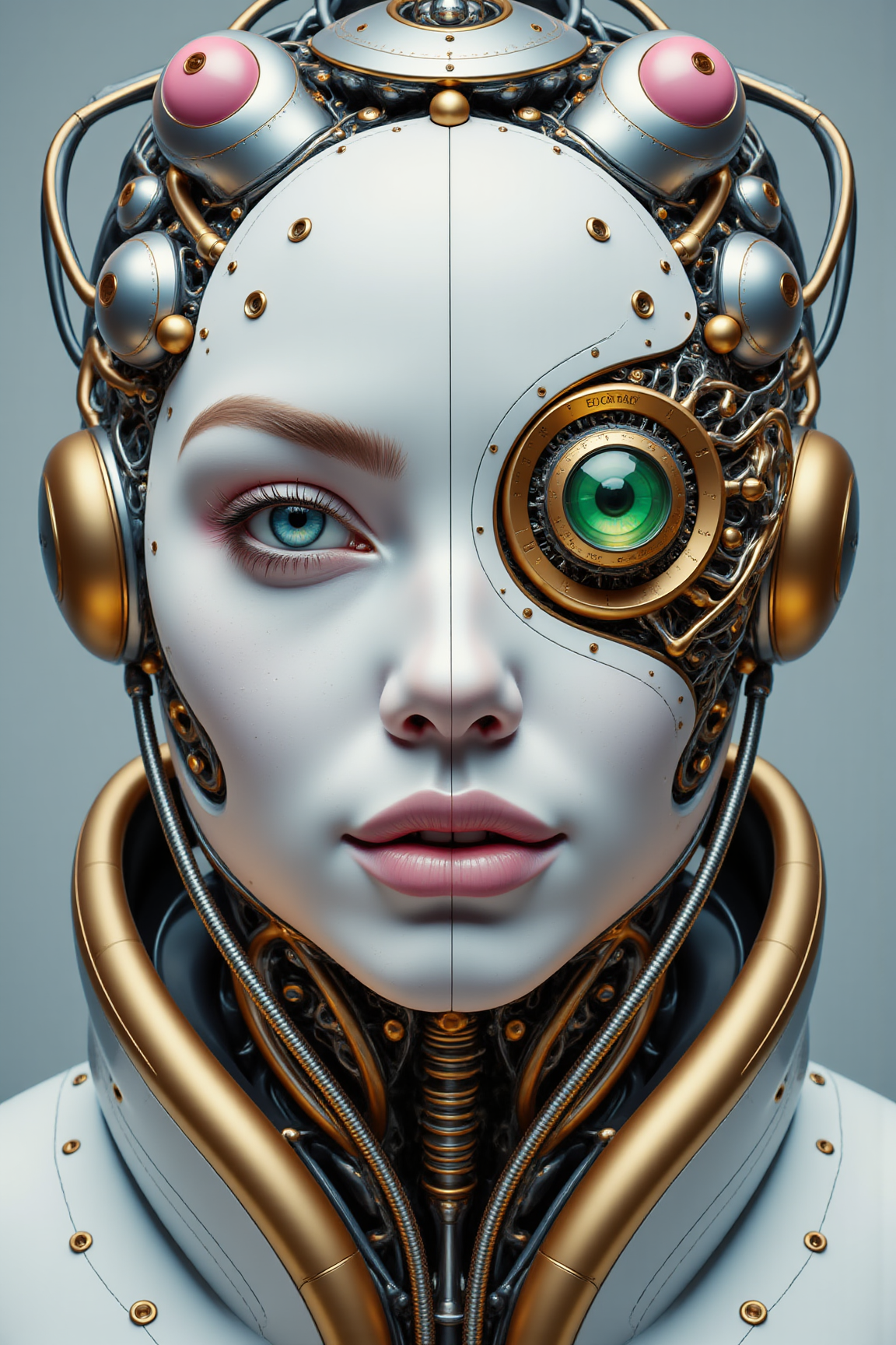 YFG-Ge0m, A captivating and futuristic portrait of a humanoid woman, with a predominantly white face and a striking green eye that mesmerizes the beholder. Her face is adorned with intricate mechanical components, showcasing gold, pink, and silver hues, which harmoniously blend organic and machine elements. The interconnected wires and circuits not only serve as a fashion statement but also highlight the seamless fusion of avant-garde fashion and technology. The image is a vivid illustration that encapsulates the essence of cutting-edge fashion and innovative design, showcasing a vibrant and cinematic world where fashion meets technology., cinematic, portrait photography, vibrant, illustration, fashion.