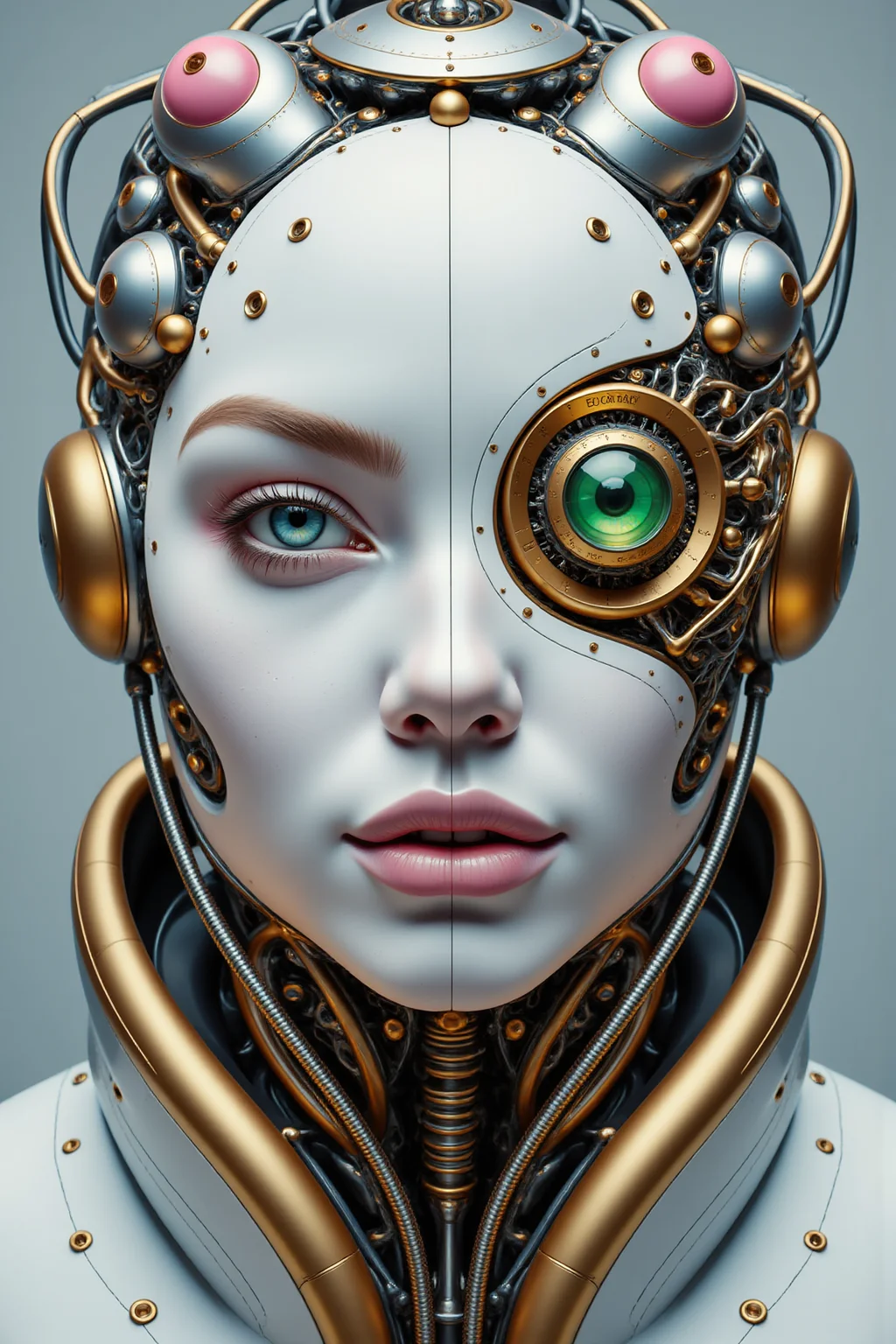 YFG-Ge0m, A captivating and futuristic portrait of a humanoid woman, with a predominantly white face and a striking green eye that mesmerizes the beholder. Her face is adorned with intricate mechanical components, showcasing gold, pink, and silver hues, which harmoniously blend organic and machine elements. The interconnected wires and circuits not only serve as a fashion statement but also highlight the seamless fusion of avant-garde fashion and technology. The image is a vivid illustration that encapsulates the essence of cutting-edge fashion and innovative design, showcasing a vibrant and cinematic world where fashion meets technology., cinematic, portrait photography, vibrant, illustration, fashion.