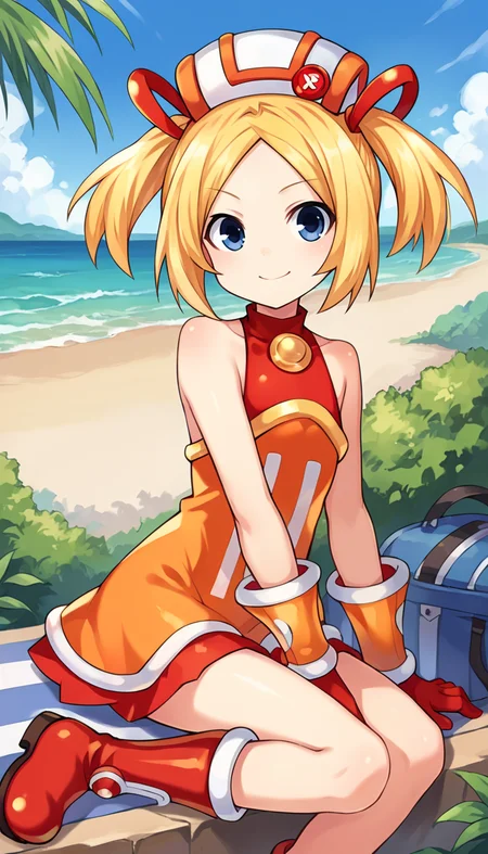 score_9, score_8_up, score_7_up, source_anime, 1girl, solo, blonde hair, parted bangs, blue eyes, two side up, short hair, short, flat chest, smile, closed mouth, bare shoulders, red boots, red orange dress, red skirt, red gloves, white hat, elbow gloves, sitting, outdoors, sunny, sky, beach, looking at viewer, cowboy shot, <lora:B-Sha_Neptunia_PonyXL:0.8>, B-Sha \(neptunia)\