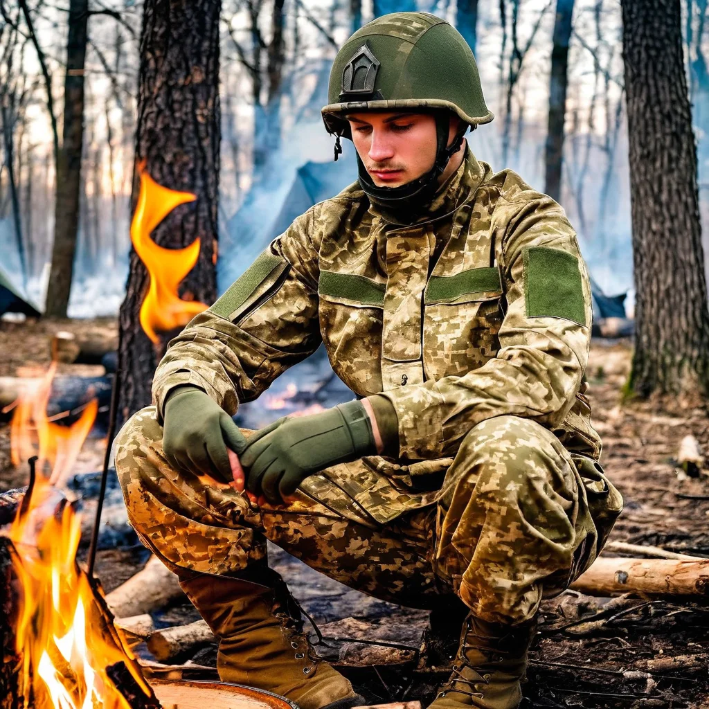 <lora:UkrLoraXL-000004:1>, a soldier, wearing ukruniform22 in the forest siiting in from of campfire,photo of the year,high quality,masterpiece,cowboy shot,military helmet