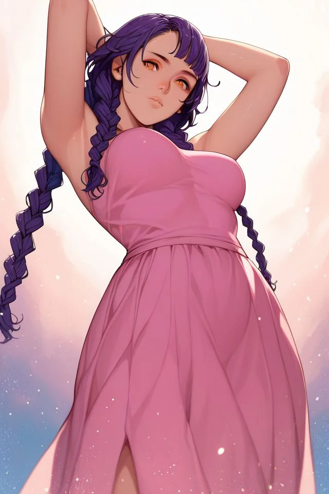 score_9, score_8_up, score_7_up, 1girl, :>, looking at viewer, arms_behind_head, dark purple hair, straight-across_fringe, multiple braids, orange eyes, medium breasts, pink dress, outdoors, from below, glitter particles <lora:Oda_non_PonyXL_style_v01:1>