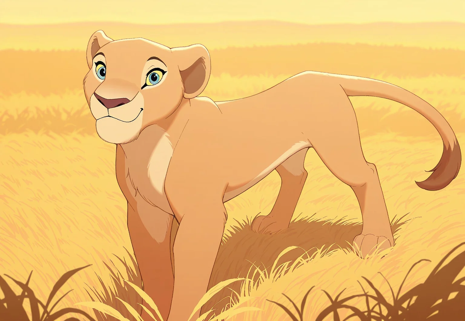 score_9, score_8_up, score_7_up, score_6_up, best quality, highly detailed, detailed fur, detailed background,
Solo, Furry, female, lioness, feral, Nala, blue eyes, yellow sclera, tail, looking at viewer, happy, posing, in savannah