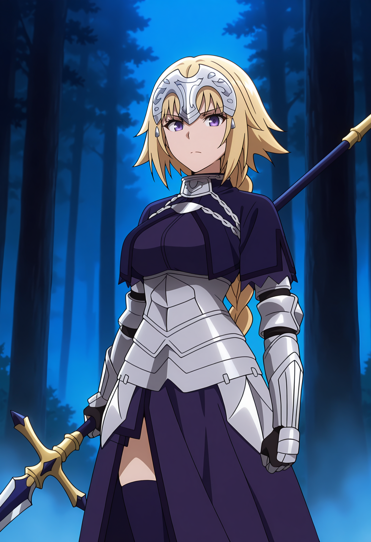 anime screencap, masterpiece, best quality,
<lora:FateApocrypha_JeanDArc_IlluXL:0.9>, 
1girl, solo, closed mouth, serious,
braided ponytail, long hair, blonde hair, purple eyes,
headpiece, metal collar, purple capelet, armored dress, purple dress, long skirt, purple thighhighs,
holding, polearm, luminosite eternelle,
standing, looking at viewer, cowboy shot,
outdoors, night, night sky, dark, forest, blue theme, fog