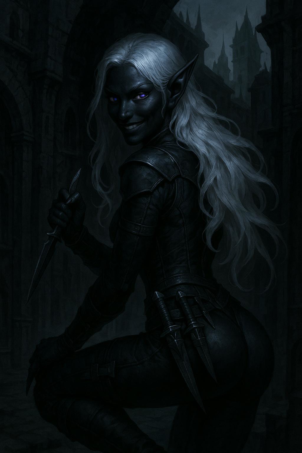 A cunning dark elf assassin with midnight-black skin and piercing violet eyes lurks in the shadows of a grimdark city. Dressed in tight, dark leather armor that clings to her lithe form, she carries an assortment of poisoned daggers. Her silver hair flows like liquid moonlight, and her smile is both alluring and dangerous as she plots her next move, 
callipygian