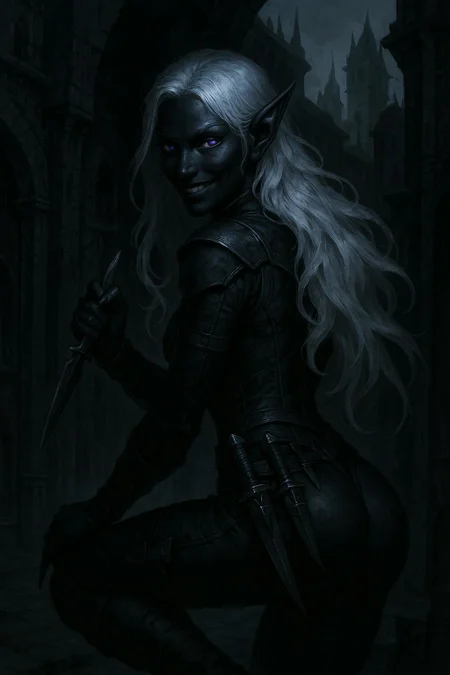 A cunning dark elf assassin with midnight-black skin and piercing violet eyes lurks in the shadows of a grimdark city. Dressed in tight, dark leather armor that clings to her lithe form, she carries an assortment of poisoned daggers. Her silver hair flows like liquid moonlight, and her smile is both alluring and dangerous as she plots her next move,
callipygian