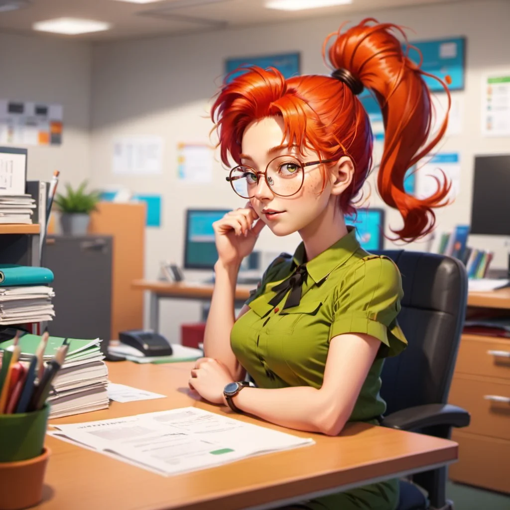 anime artwork 1girl, solo, round glasses, freckles, redhead, ponytail, in an office <lora:MlleJeanne1024-step00000800:0.8> . anime style, key visual, vibrant, studio anime, highly detailed
