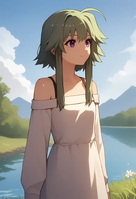score_9, score_8_up, score_7_up,closed mouth, shiny skin, light smile,ohwx, solo, 1girl, purple_eyes, green_hair, short_hair_with_long_locks, sidelocks, ahoge,bare_shoulders, dress, sweater, off_shoulder, lake,<lora:mayumi_thyme_pony_sobsynapse-000005:1>