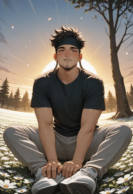masterpiece, best quality, amazing quality, good quality, very awa, newest, highres, absurdres, warm light, lively and bustling atmosphere, background details visible, shiny skin, outdoor, flower field, tree, sky, sunbeam, solo, male focus,
1boy, black hair, spiked hair, brown eyes, headband, facial hair, amirrama, shirt, pants, white sneakers,
dynamic pose, relaxing, fisheye, windy, (flying petal:1.5),