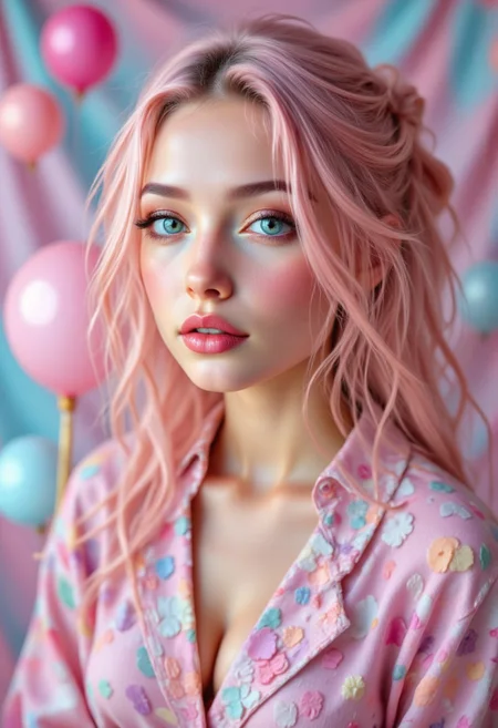 A young woman in a candy world in a dress aidmafluxpro1.1, aidmaMJ6.1, in the style of Jed-clrfl, candy colors in the style of ckcf,