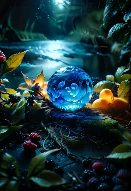 (8k analog nature photography:1.2), (a beautiful landscape:1.1) Extreme realism,  Insanely realistic, with a river in the distance, shiny sapphire (crystal:1.2) berries ,<lora:Bio-Luminescence:1> bioluminescent, glowing, focus on the fruit.  bioluminescent, glowing, detailed , detailed style, perfect, Night, darkness,