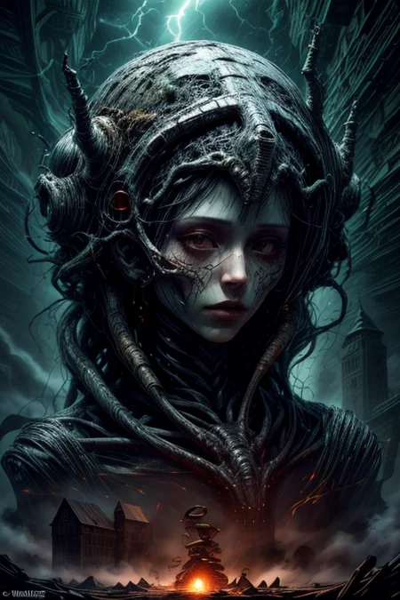 lovecraftian horror,eldritch,cosmic horror,unknown,mysterious,surreal,highly detailed,nature,skeletal figure rebirth,ancient village,roots with unholy life,lightning storm,electric veins sky,decrepit stone cottages,arcane force,supernatural inferno,embers dance,thin veil living and dead,dread and awe,decay palette,time passage,<lora:Concept_-_More_Details_v1.0:1>,<lora:Concept_-_Hella-sthetic_v2:0.7>,facial mark,(by Artist Andre-Charles Boulle:1.3),
(by Artist Patrick Dougherty:1.3),, intricate, elegant, highly detailed, symmetry, magical atmosphere, sharp focus, majestic, very coherent, radiant, advanced, cinematic, artistic, fine detail, winning, beautiful, stunning, dramatic light, designed, rich deep colors, perfect professional background, ambient, tailored set composition
