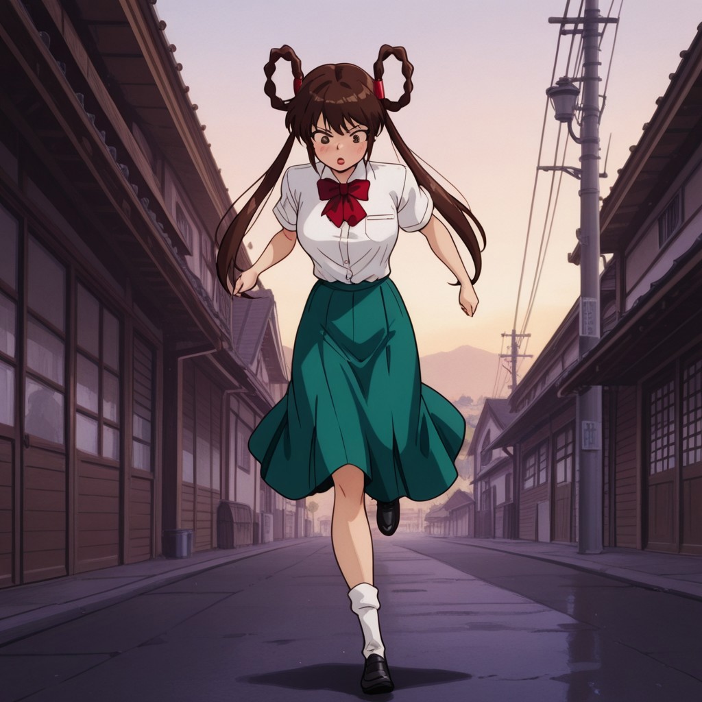 masterpiece, best quality, amazing quality,YohkoManoil, human, female, brown hair, hair rings, twintails, long hair, brown eyes, hair ornaments, white shirt, short sleeves, red bow, green skirt, white socks, black shoes, outside, running