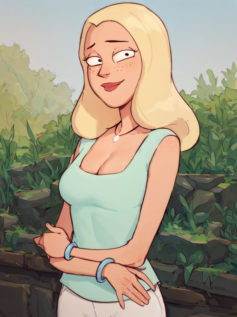 <lora:DianePony1.0:1> diane, 1girl, blonde hair, solo, freckles, long hair, necklace,white pants breasts, cleavage, aqua shirt, smile, bracelet,looking at viewer, holding own arm,shy, score_9, score_8_up, score_7_up, score_6_up outdoors,