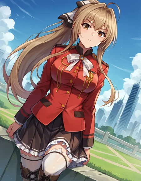 score_9, score_8_up, score_7_up, source_anime,
isuzusento, <lora:isuzu-sento-ponyxl-lora-nochekaiser:1>
isuzu sento, ahoge, brown eyes, light brown hair, long hair, ponytail, hair ribbon, ribbon, mature female,
aiguillette, ankle boots, black ribbon, black skirt, boots, brown footwear, cross-laced footwear, frilled skirt, frills, jacket, lace-up boots, military, military uniform, pleated skirt, red jacket, skirt, thighhighs, uniform, white thighhighs, white ribbon, buttons,
outdoors, cityscape,
looking at viewer, dutch angle, cowboy shot,