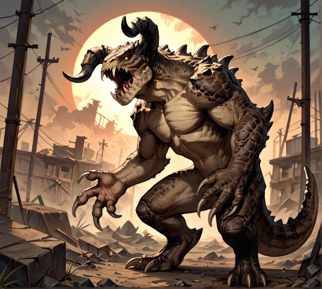 safe_pos, score_9_up,score_8_up,score_7_up,score_6_up,score_5_up,score_4_up, masterpiece, high quality, digital painting, rating_explicit, source_furry, source_monster, zPDXL3, BREAK, solo, standing, menacing, attacking, arms raised, lunging, open mouth, roar, wasteland, deathclaw, monster, creature, scales, textured skin, horns, sharp teeth, claws, three toes, tail, spikes, back spikes, yellow eyes, digitigrade, humpback, muscular, <lora:Deathclaw for Pony_v2:0.7>, <lora:AdvancedEnhancerXLv2:4>