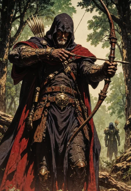 an archer in a dynamic pose. The archer, wearing a hooded cloak, is positioned in the center, drawing a bow with an arrow aimed forward. The cloak is dark with a striking red lining, and the archer's attire is detailed with leather armor and various straps and buckles. The background features a dense, mystical forest with dappled light filtering through the trees, creating an atmospheric setting. Two shadowy figures are visible in the distance, adding depth and intrigue to the scene. The color palette is rich with deep greens, browns, and reds, enhancing the dramatic and adventurous tone of the artwork.
