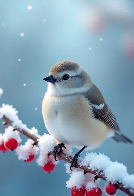 A close-up of a small bird with soft white and gray feathers, perched on a frosty branch covered with delicate snowflakes and icy red berries. The bird’s beak is slightly open as if chirping, and its plumage is highlighted by the cold morning light. The background is blurred with a cool blue and white gradient, evoking the serene stillness of winter
"sharp details", "bokeh effect", "tropical vibes"