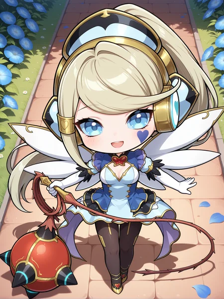 chibi,trickstar holly angel,1girl,solo,heart,vine flail,smile,holding vine flail,open mouth,looking at viewer,black pantyhose,full body,:d,gold high heels,blue heart facial mark,gold headset,gold hair tubes,blue dress,white elbow gloves,shadow,spread wings,blue sclera,garden,flower,blue petals,
masterpiece,best quality,amazing quality,very aesthetic,absurdres,newest,<lora:Trickstar holly angel illusXL v1.21:0.7>,