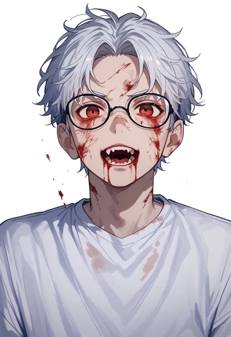 score_9, score_8_up, score_7_up, score_6_up, score_5_up, score_4_up, male school uniform, glasses, solo, red eyes, open mouth, looking at viewer, blood, teeth, 1boy, male focus, shirt, monochrome, white background, score_9, score_8_up, score_7_up, score_6_up, score_5_up, score_4_up, male school uniform, glasses, solo, white hair, red eyes, open mouth, looking at viewer, blood, teeth, fangs, 1boy, male focus, shirt, blood on shirt, monochrome, white background, highly detailed, cinematic