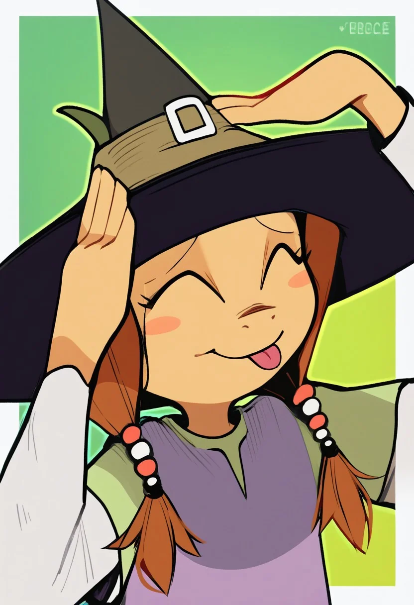 score_9, score_8_up, score_7_up, AhEtoBlehMeme, closed eyes, tongue out, :p, hands on own head, smile, <lora:AhEtoBlehMeme_pdxl_Incrs_v1:1>, olivia, witch hat