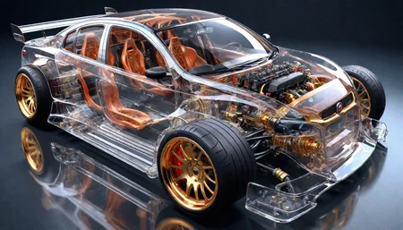 spectacular digital rendering of a (transparent:1.8) jdm car, revealing internal mechanical components such as engine, car chassis, suspension, and internal wiring, detailed textures, detailed machinery, accurate lighting and shadows, 8k quality, intricate patterns, high-definition, glossy finish, vivid reflections, perfect lighting, showroom BREAK