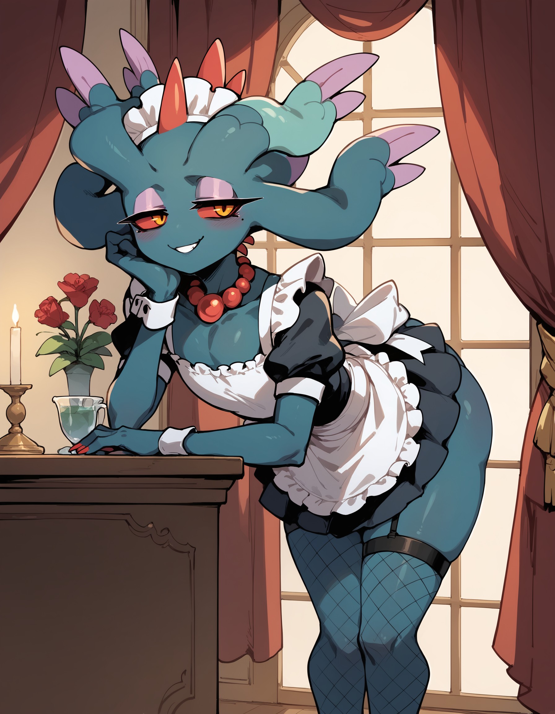 score_9, score_8_up, score_7_up, FlttrMn, pokemon \(creature\), (solo), 1girl, femboy, girly, anthro, colored sclera, necklace, looking at viewer, luxurious mansion, smile, half-closed eyes, maid, maid headwear, maid dress, leg band, fishnets, bent over, <lora:cefaa866-a58e-40ba-a219-79ab392f7d60:1.0>, <lora:606b0d3e-9353-473a-8e73-9b1e17247a5b:0.9>