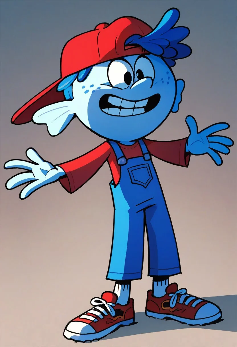 (score_9 | score_8_up | score_7_up) ((masterpiece:1))(best quality,very high quality,ultra detailed:1.2) (2D,cartoon style,anime style)(Smooth:2)(clean blurring) (four fingers on each hand,one thumb on each hand:1), Leif Loud, solo, 1boy, missing teeth, red baseball cap facing backwards, blue overalls, white shoes, light aquamarine skin color, dark-blue tentacle hair, freckles, large fins acting as ears