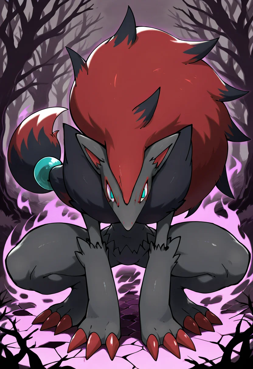 masterpiece, best quality, no humans, zzZoroark, <lora:ZoroarkPokedex_IXL_v1:1.0>, zzZoroark, forest clearing, shattered moonlight, crouching pose, tension in the air, fog weaving through the trees â In the heart of a silent clearing, zzZoroark crouches low to the ground, claws spread, eyes locked on something hidden beyond the fog. Moonlight spills through broken branches above, fragmented by the canopy, casting sharp shadows that stretch like claws across the mossy floor. looking at viewer, glowing eyes, face focus,