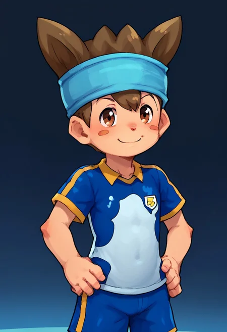 score_9, score_8_up, score_7_up, highly detailed, 1boy, cute boy, solo,nishizonoshinsuke, brown eye, brown hair, spike hair, pink blush marks, small nose,headband, sportswear, soccer uniform, smile, hand on hips, thick outline, black outline, white outline