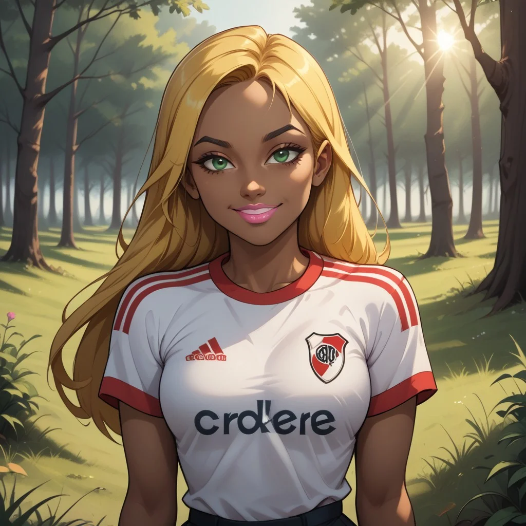score_9, score_8, BREAK, solo, total drama, 1girl, blonde hair, long hair, (((dark skin, dark skin female))), green eyes, pink lips, lipstick, RiverPlate, striped shirt, striped, shirt, white shirt, short sleeves, clothes writing, sportswear, soccer uniform, black eyebrows, Dakota_(Total_Drama), tdroti, cute, breasts, sexy pose, self portrait, smile, looking at viewer, outdoors, sunlight, shadows, evening lighting, natural lighting, forest, trees, grass, orange sky, sunset