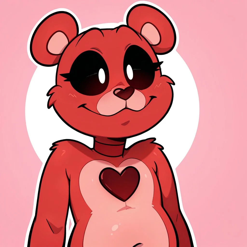 masterpiece, best quality, amazing quality, very aesthetic, absurdres, solo, adorable, anthro, cartoony, black sclera, white pupils, bear, red body, light pink snout and belly, black heart-shaped nose, heart symbol on chest,
