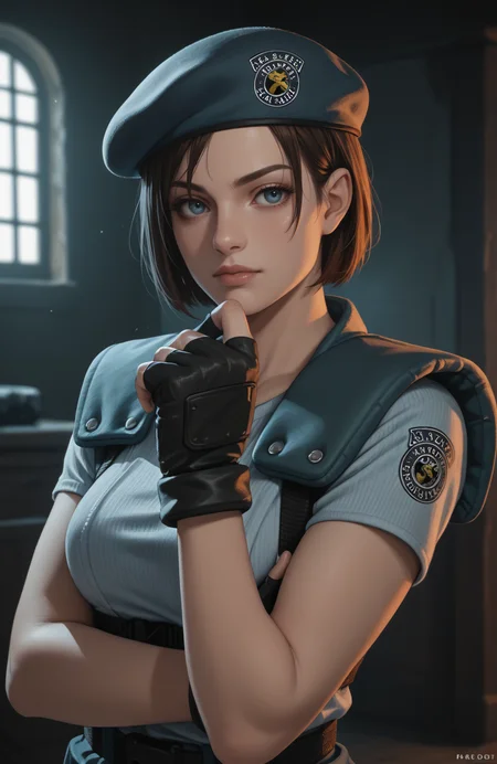 score_9, score_8_up, score_7_up, score_6_up, score_5_up, score_4_up, photoshop \(medium\), <lora:REJill_t1-000022-128:1.0> RE1Jill, blue eyes, brown bob cut, beret, breasts, fingerless gloves
, dark environment, mansion, indoors, moody lighting