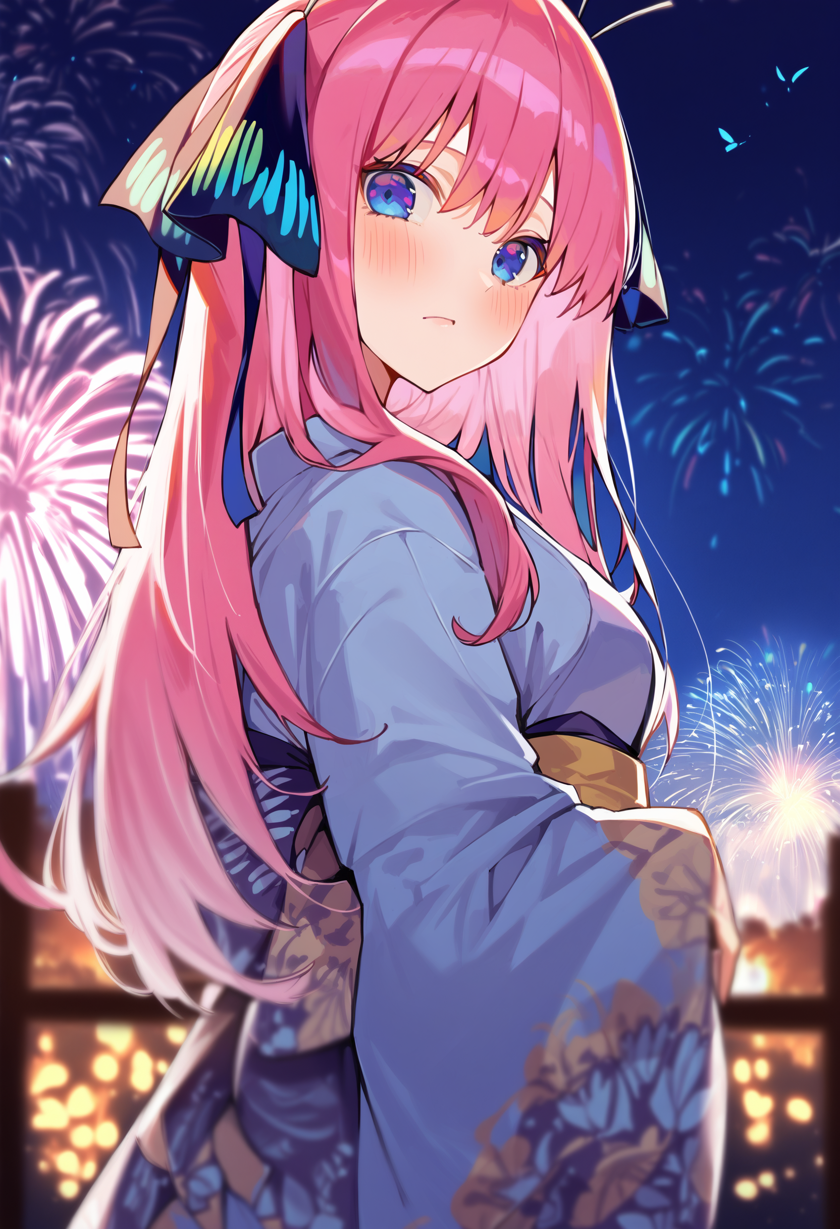 score_9, score_8_up, score_7_up, score_6_up, source anime,
oninpnxl, nakano nino, butterfly hair ornament, 1girl, blue eyes, pink hair, hair ornament, hair ribbon, long hair, print kimono, animal print ,
looking at viewer, blush,
outdoors, night, fireworks, depth of field, foreshortening, cowboy shot,
masterpiece, best quality, very aesthetic, absurdres
<lora:quintessential_quintuplets:1>