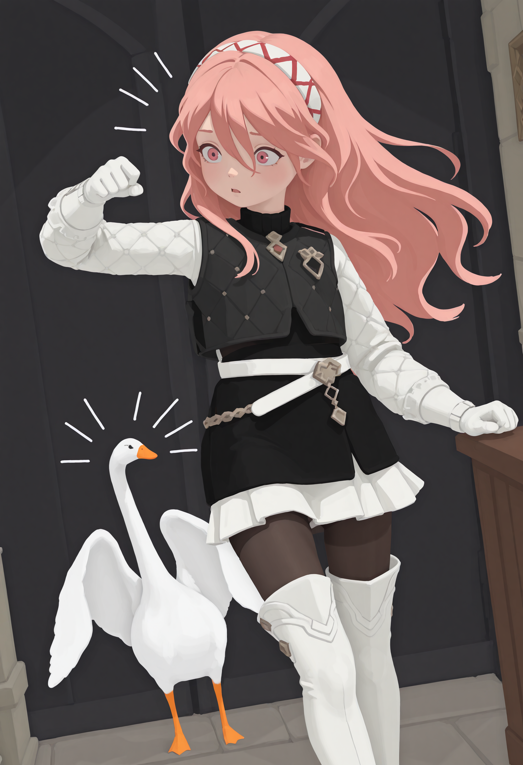 masterpiece, best quality, amazing quality,  dynamic pose, dutch angle, 
[realistic::0.2],
1girl, feSlil, pink hair, long hair, hair between eyes, pink eyes, hairband, black vest, white sleeves, long sleeves, white belt, white skirt, short skirt, black pantyhose, white gloves, thigh boots, white boots, goose, sound lines,
, <lora:NOOB_EPSv1_1_detailer_by_vlnvk_v1_0:1>
, <lora:spo_sdxl_10ep_4k-data_lora_webui:.5>
,<lora:fesoleil-pdxl-nvwls-v1:1> ,  <lora:g00se:1> (((g00se)))