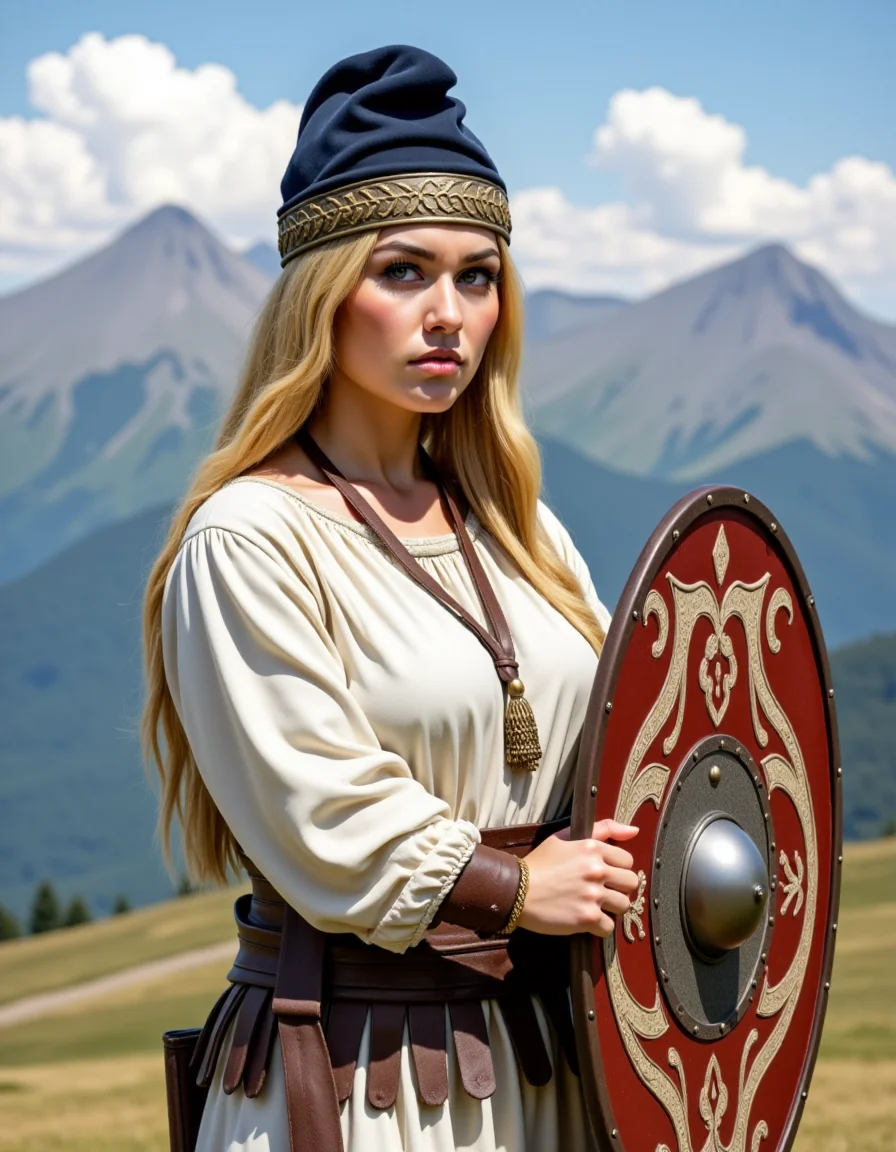 Dacian a woman with a falx and a white shirt is standing in front of a mountain. Woman wear a dacian hat and hold a dacian decorated ovel shield. <lora:DaciiV6:1>