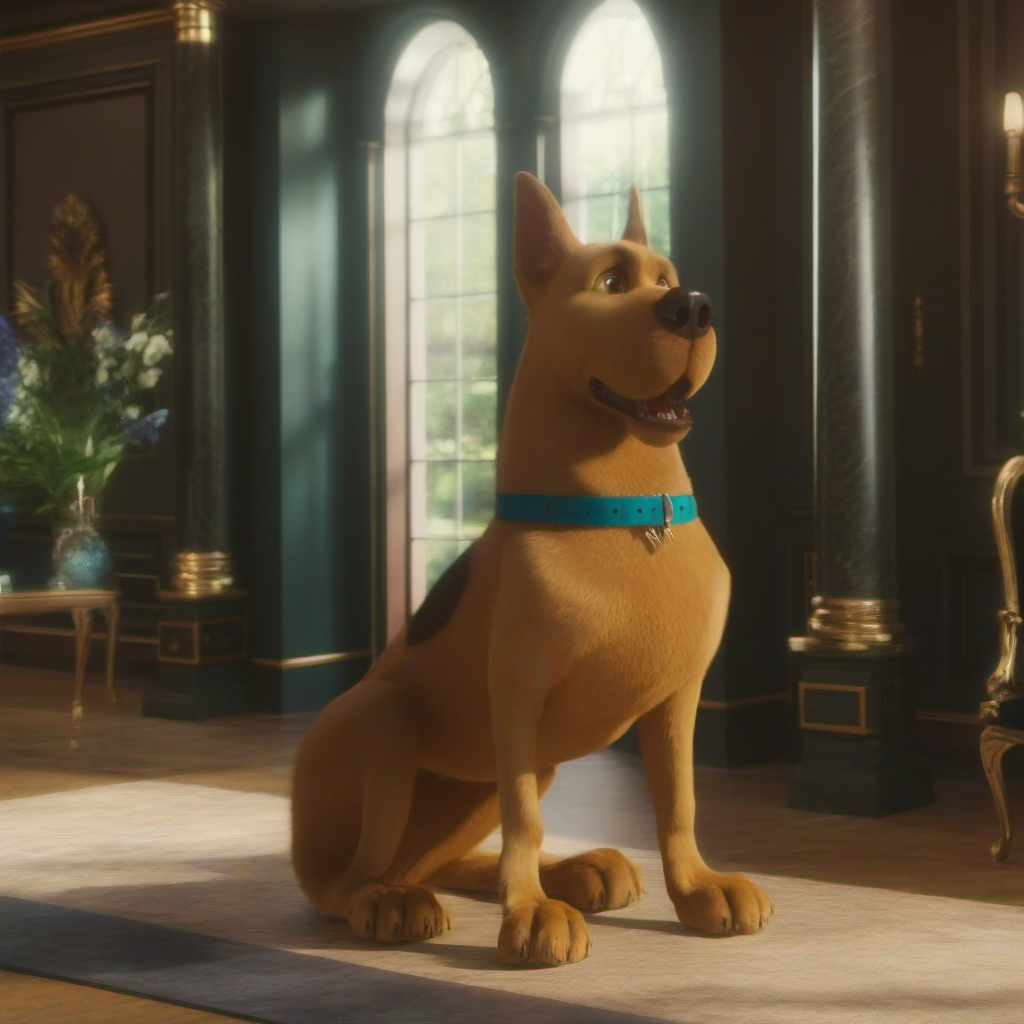 concept art a dog with a collar in a mansion <lora:ScoobyDoo1024:0.8> . digital artwork, illustrative, painterly, matte painting, highly detailed