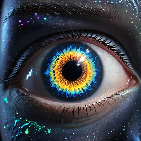 biolumen, detailed eye, iris, cornea, pupil, art, ,universe,luminous human eye, galaxy, night sky, BL4CK3STBL4CK, black_theme, matte_color, flat color
