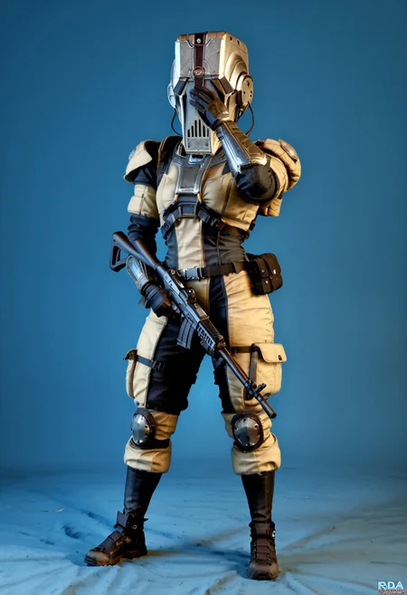badass Corpus, corpus crewman, Tan and black corpus suit, corpus tileset, 1boy, wearing cirpus crewman outfit, wearing corpus crewman helmet, helmet covering face, face fully covered, holding gun, holding dera rifle, Dera, corpus gun, gun, dera rifle, dera gun,
(Corpus helmet, wearing helmet, wearing corpus helmet), , (dark shot:1.17), ((epic)) realistic, faded, , art, (hdr:1.5), (muted colors:1.2), hyperdetailed, (artstation:1.5), cinematic, warm lights, dramatic light, (intricate details:1.1), complex background, (rutkowski:0.8),((full body:1.9)), by Blizzard entertainment, big armor, l, wearing corpus helmet, low light, facing camera, lot of details, detailed armor, half side portrait, on corpus tileset, (night time),