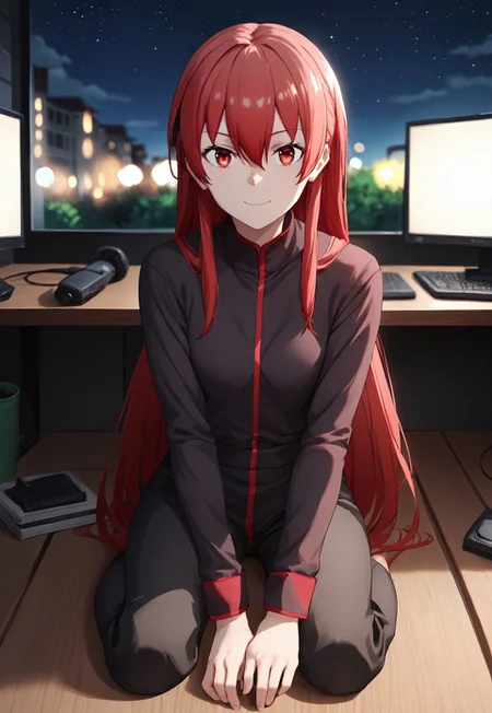 score_9, score_8_up, score_7_up, source_anime, looking at viewer, depth of field, 1girl, 18 year old, solo, red hair, red eyes, long hair, hair between eyes, bangs, night, light smile, red eyeframe, full body shot, sitting infont of desktop, working, gaming bedroom, PC,