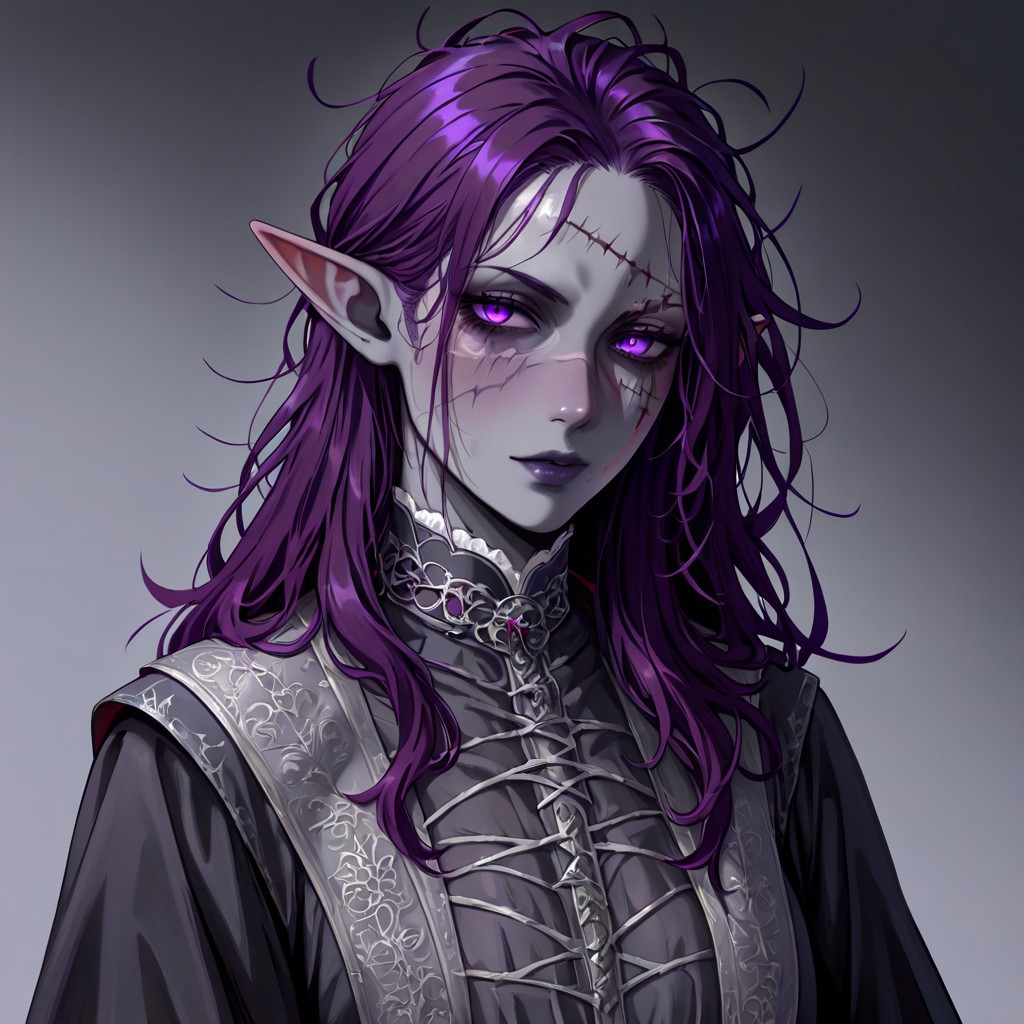 masterpiece, best quality, newest, absurdres, highres, 
DFV1.0 
1girl, goth, gothic, goth fashion, victorian, elf, coreset, messy hair, scar, scars, scar on face, robe, medival, medival clothing, mature, mature female,
Purple hair, Purple eyes, grey skin, colored skin, grey colored skin,