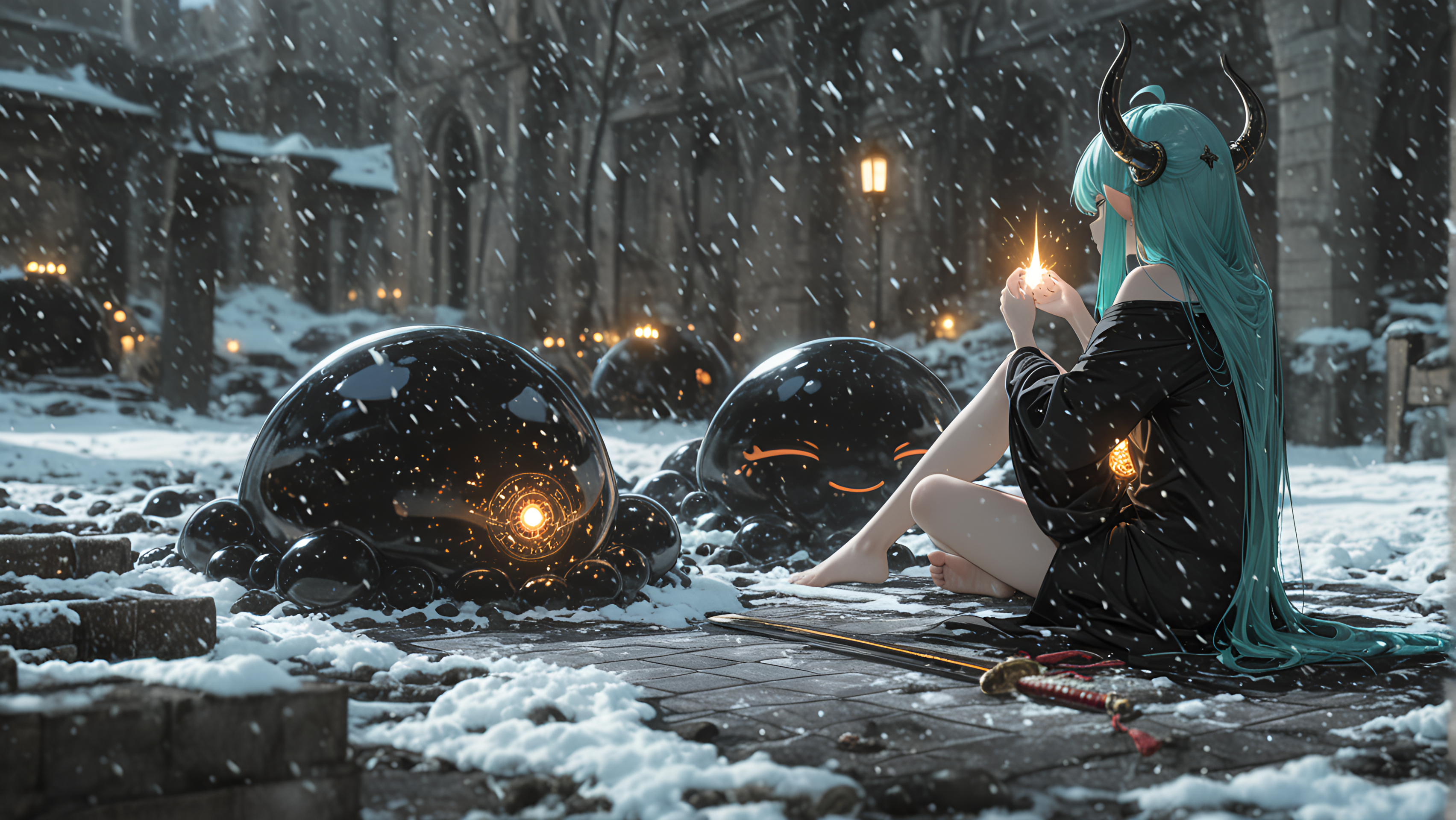 examining the blade of a katana, Engraved War Horn, light skin, nail_polish, Traditional Moroccan riad courtyard, perky breasts, motion_blur:1.1, very aesthetic, macro scene, elf, anime character, best quality, motion_lines:1.1, very long hair, newest, Black Theme, intricate tiles., snow, Sharon (Spy x Family), Aqua hair, HDR, Noon, glow, Proud expression, glowing elements, absolutely eye-catching, depth of field, masterpiece, amazing quality, full body, 8K, ambient occlusion, barefoot, ultra-detailed, 2boys, slime_(creature), 1girl, clothes_lift, Elementalist (Air), absurdres, Artfully tousled, sitting on lap provocatively