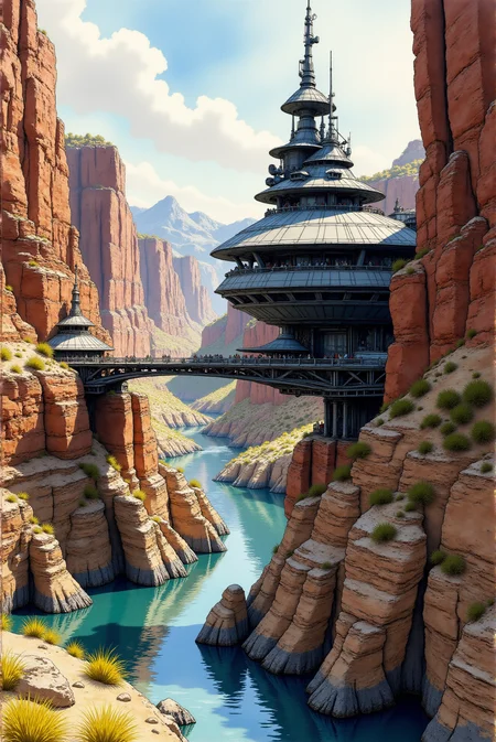 <lora:Vibrant_watercolor_v.22:0.9> Isometric view, symmetric shape, detailed hull, futuristic design. A futuristic concept watercolor illustration features a breathtaking structure rises from the canyon's edge like a futuristic citadel carved from stone and metal. Its intricate spires and sweeping, skeletal beams are painted in cool slate gray tones, subtly weathered with streaks of mossy green and rust-red patinas to echo the surrounding rugged terrain. A soaring central tower stretches upward, catching the soft light of a diffused sky, with faint highlights of steel blue and pewter shimmering along its curved surfaces. The bridge connecting the two cliff-top structures is a marvel of engineering, its slender design supported by graceful, arching supports painted in muted shades of gunmetal with delicate hints of sand and ochre to tie into the arid landscape. The reddish and golden layers of the canyon walls below are brought to life with watercolor-like washes of burnt sienna, amber, and deep maroon, blending seamlessly with the sunlit desert floor that stretches into the hazy horizon. The canyon floor is a mixture of muted tans and dusty blues, while patches of green vegetation add splashes of life to the rugged scenery. The watercolor technique lends an ethereal quality to the scene, softening the hard architectural lines and blending them harmoniously with the natural surroundings, creating a captivating balance between human ingenuity and the timeless grandeur of the landscape.