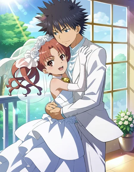 score_7_up, source_anime,
1girl, shirai kuroko, twintails,
1boy, kamijou touma, spiked hair,
(carrying person:1.0),
wedding dress, bridal veil, flat chest,
window, tree, bell, sunlight, lens flare
<lora:style_railgun-pony-v1.7:1>